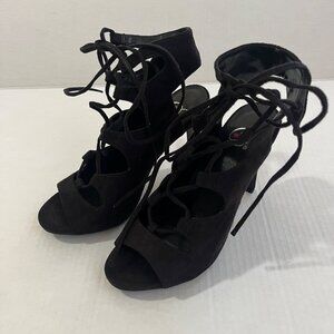 Y2K Strappy Cage Shoes Sz 7 Stiletto Heels Black Faux Suede Open Toe Whimsigoth.